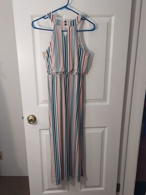 Three Hearts Striped Halter Maxi Dress - Teal, Coral, Navy, White